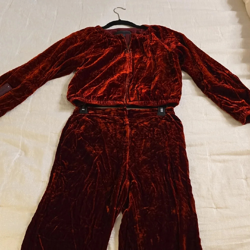 Silk BCBGMaxAzria Red Velvet Pantsuit 2 Pieces Rayon and Silk. - Picture 6 of 16